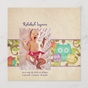 Faire-part Annonces de naissance de la chouette pourpre