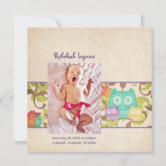 Faire-part Annonces de naissance de la chouette pourpre (Devant)