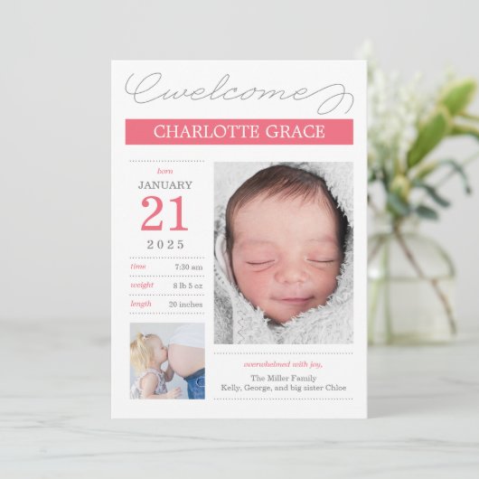 Faire-part Annonces De Naissance Doucement Documentées - Rose (Debout devant)