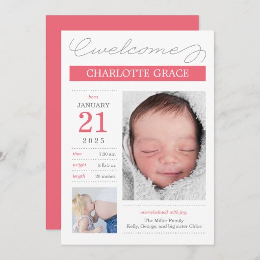 Faire-part Annonces De Naissance Doucement Documentées - Rose (Devant / Derrière)