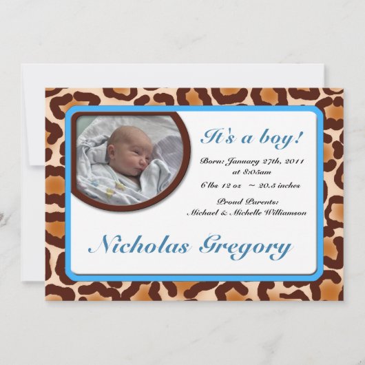 Faire-part Annonces de naissance en bleu Empreinte de léopard (Devant)
