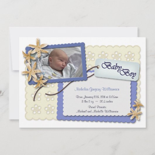 Faire-part Annonces de naissance Fleurs et dentelle Bleue (Devant)