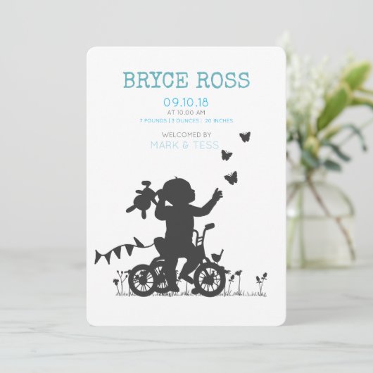 Faire-part ANNONCES DE NAISSANCE Garçon avec vélo (Debout devant)