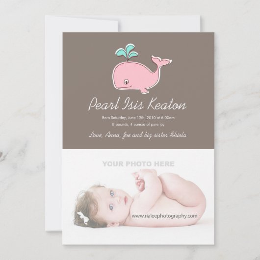 Faire-part Annonces de photos de baleine rose (Devant)