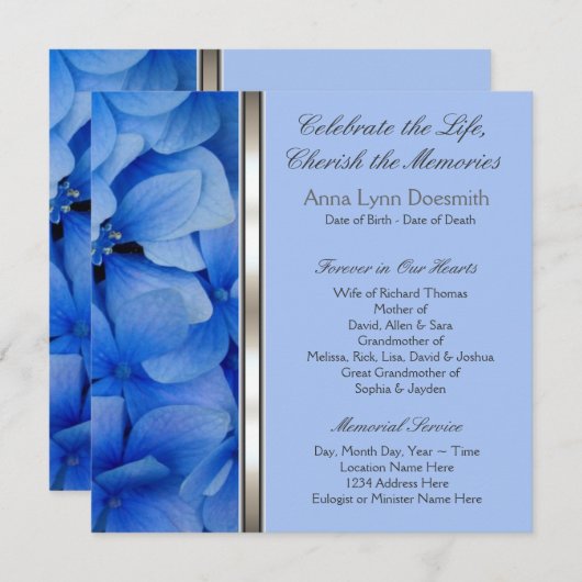 Faire-part Annonces funéraires Blue Hydrangea (Devant / Derrière)