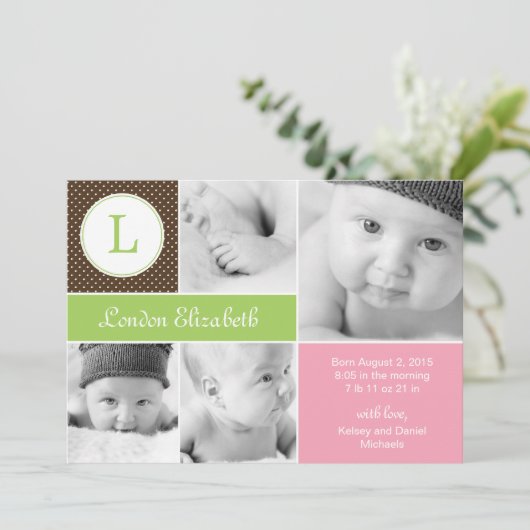 Faire-part Annonces initiales de naissance - rose (Debout devant)