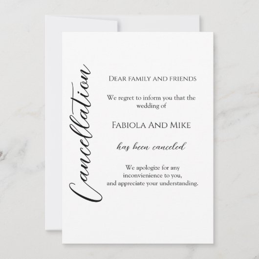 Faire-part Annulation de mariage en calligraphie moderne (Devant)