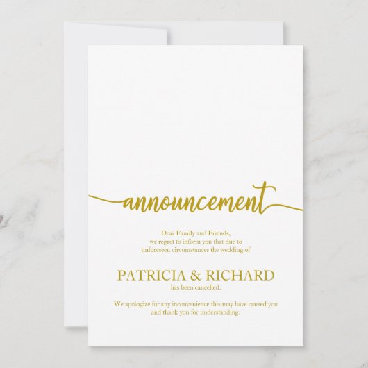 Faire-part annulé Mariage élégant script or (Devant)