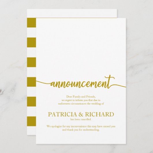 Faire-part annulé Mariage élégant script or (Devant / Derrière)