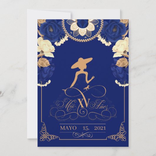 Faire-part Anuncio Charro Invitation, en bleu marine et or (Devant)