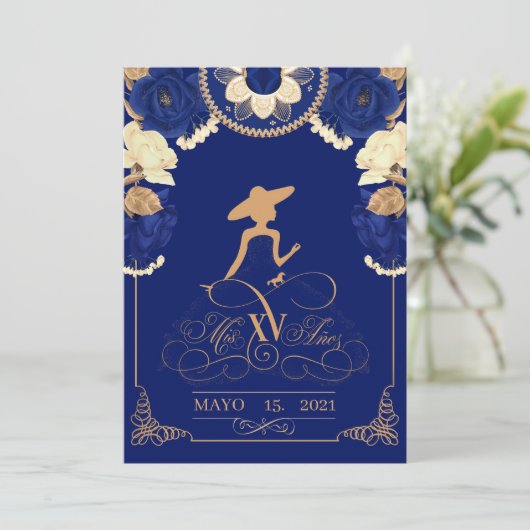 Faire-part Anuncio Charro Invitation, en bleu marine et or (Debout devant)