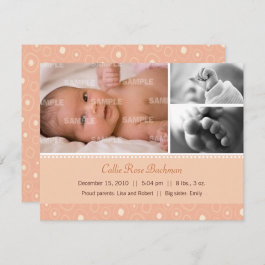 Faire-part Apricot Gumdrop Naissance du bébé (Devant / Derrière)