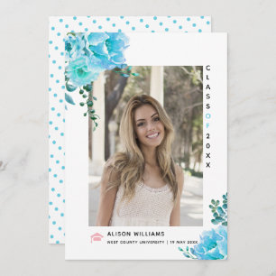 Faire-part Aqua blue flowers Classe de 2025 graduation photo