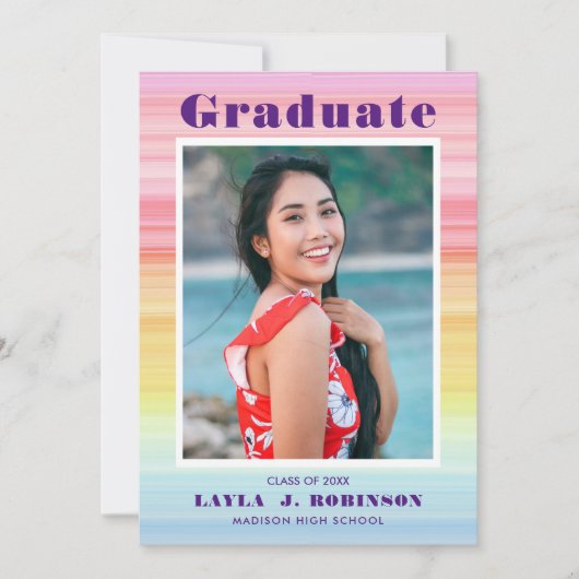 Faire-part Aquarelle arc-en-ciel photo graduation rose (Devant)