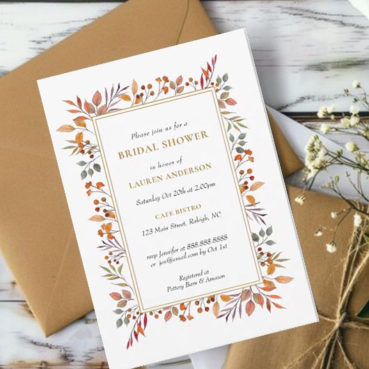 Faire-part Aquarelle Automne Cadre botanique Douche nuptiale