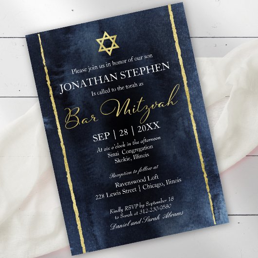Faire-part aquarelle Bar Mitzvah | Bleu abstrait