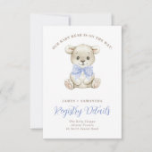 Faire-part Aquarelle Bébé Ours Bleu Bow QR Code Registre (Devant)