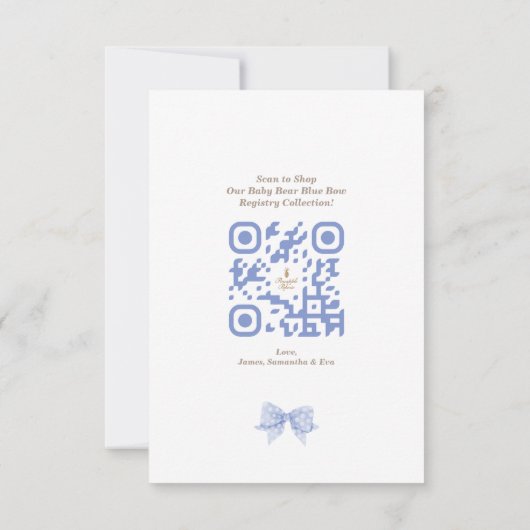 Faire-part Aquarelle Bébé Ours Bleu Bow QR Code Registre (Dos)
