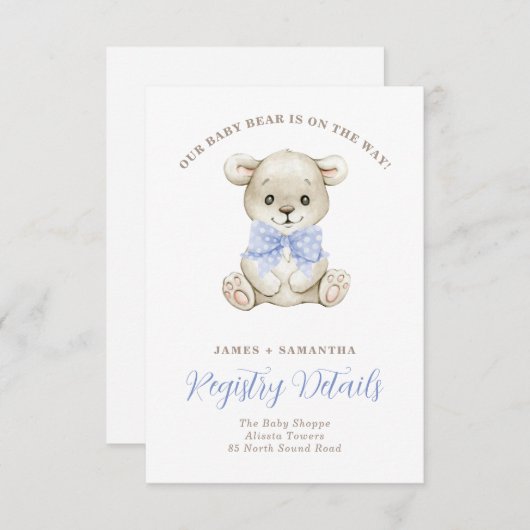Faire-part Aquarelle Bébé Ours Bleu Bow QR Code Registre (Devant / Derrière)