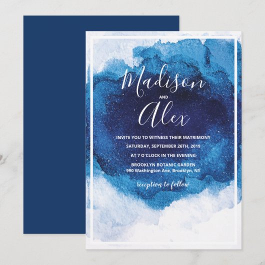 Faire-part aquarelle bleu de mariage (Devant / Derrière)