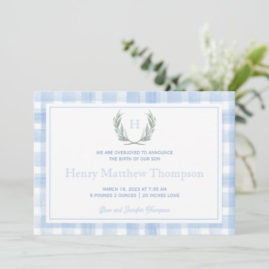 Faire-part Aquarelle Bleu En vichy Laurel Crest (Debout devant)