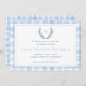 Faire-part Aquarelle Bleu En vichy Laurel Crest (Devant / Derrière)