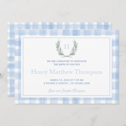 Faire-part Aquarelle Bleu En vichy Laurel Crest (Devant / Derrière)