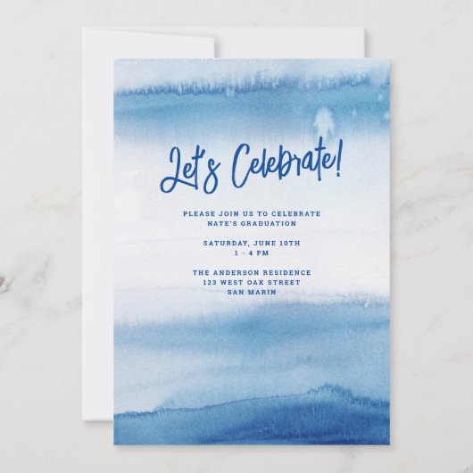 Faire-part Aquarelle bleu moderne Script Graduation Photo (Dos)