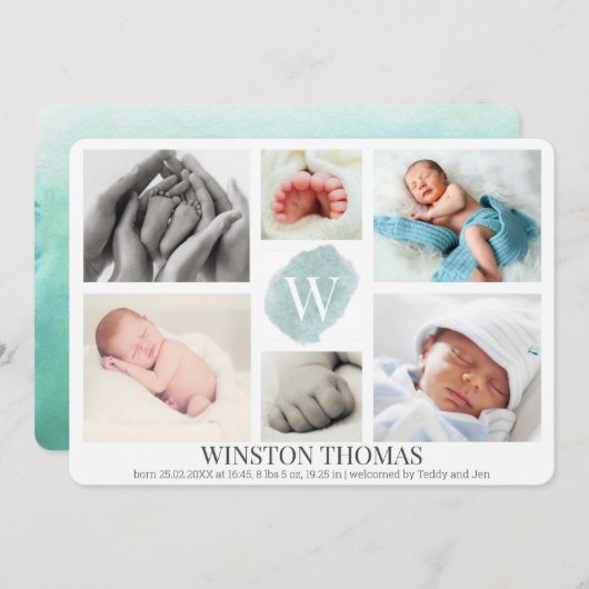 Faire-part Aquarelle bleu Monogramme photo Collage Garçon Nai (Devant / Derrière)