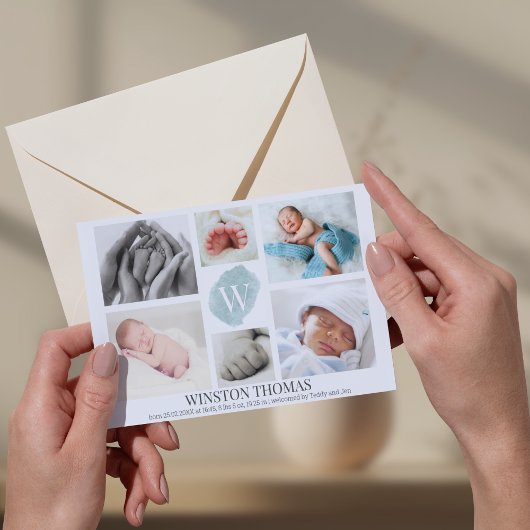 Faire-part Aquarelle bleu Monogramme photo Collage Garçon Nai