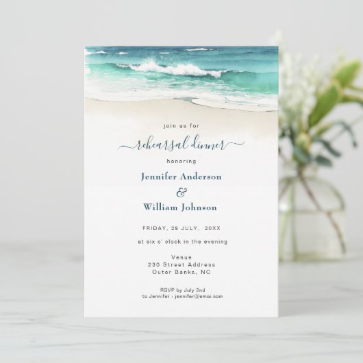 Faire-part Aquarelle Bleu océan Mariage Dîner de répétition (Debout devant)