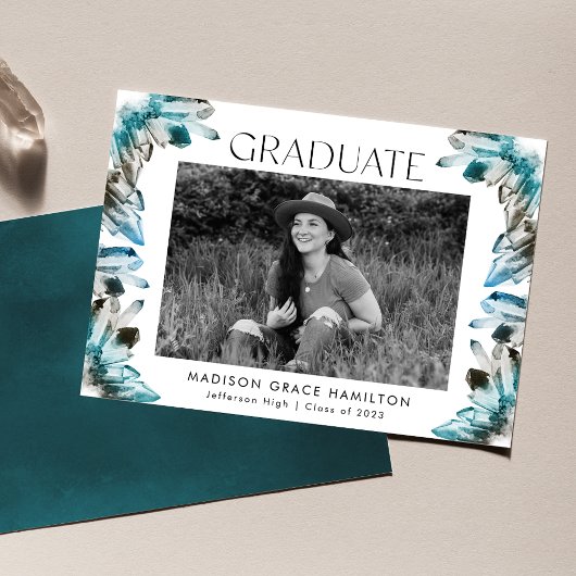 Faire-part Aquarelle bleu turquoise Crystal Photo Graduation