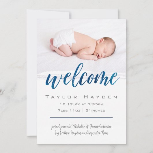 Faire-part Aquarelle bleue Bienvenue photo (Devant)