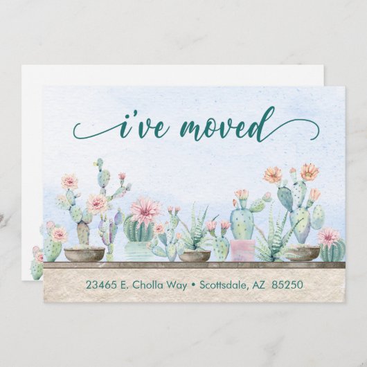 Faire-part Aquarelle Cactus I've Moved (Devant / Derrière)