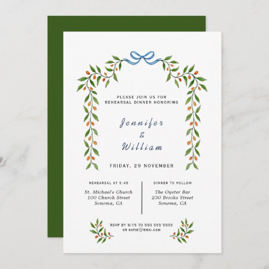 Faire-part Aquarelle Citrus et verdure Dîner de répétition (Devant / Derrière)