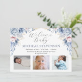 Faire-part Aquarelle Dusty Blue Floral Boy 3 Photo Naissance (Debout devant)