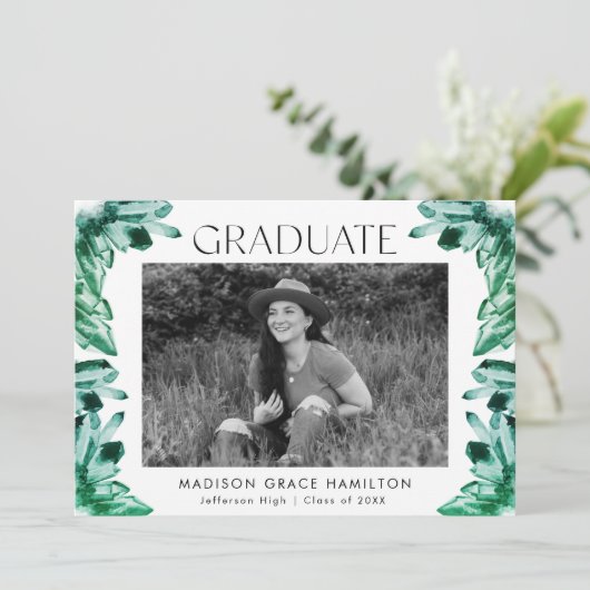 Faire-part Aquarelle Emerald Green Crystal Photo Graduation (Debout devant)