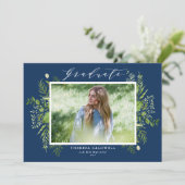 Faire-part Aquarelle Feuillage Bleu Photo Graduation (Debout devant)