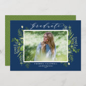 Faire-part Aquarelle Feuillage Bleu Photo Graduation (Devant / Derrière)