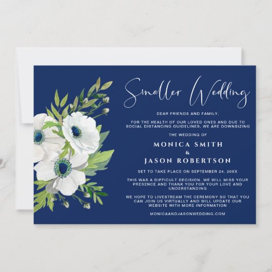 Faire-part Aquarelle fleurs blanches sur fond bleu marine plu (Devant)