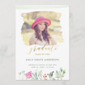 Faire-part Aquarelle Floral Gold Script Photo Graduation (Devant)