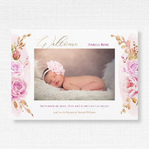 Faire-part Aquarelle Floral Rose Roses Bébé Fille Photo naiss