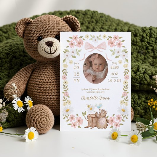 Faire-part Aquarelle florale Bois Ours Fille Photo Naissance