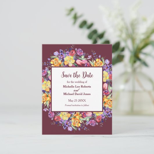 Faire-part Aquarelle florale sur Bourgogne Enregistrer la dat (Debout devant)