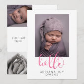 Faire-part Aquarelle Hello Rose Script  Photo Collage Bébé  (Devant / Derrière)