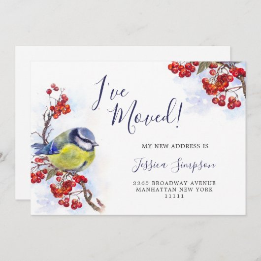 Faire-part Aquarelle Hiver Redberry Tit Bird Moving (Devant / Derrière)