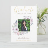 Faire-part Aquarelle Lavender Floral Gold Photo Graduation (Debout devant)