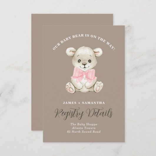 Faire-part Aquarelle mignonne Bébé Ours Rose Bow Registre Cad (Devant / Derrière)