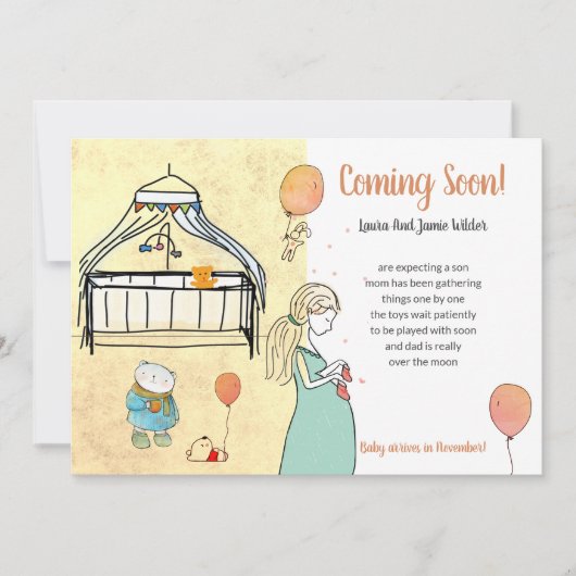 Faire-part Aquarelle mignonne Grossesse bébé garçon (Devant)