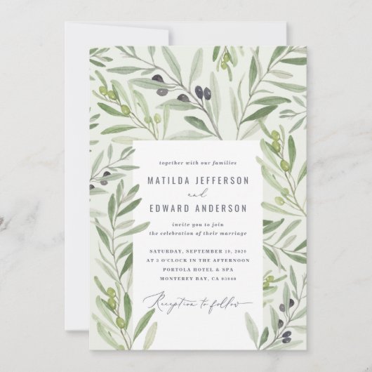 Faire-part Aquarelle moderne feuillage de branche d'olive ver (Devant)